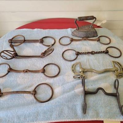 #1956 â€¢ 8 vintage Horse bits. One Cast Iron, Iron
