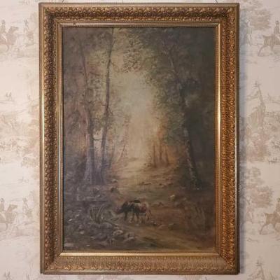 #1400 â€¢ 2 Cows In A Forest Framed Painting
