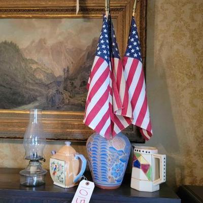 #1015 â€¢ Japanese Ceramic Pitcher and Tea Pot, Decorative Clay Vase with American Flags, Kerosene Lamp
