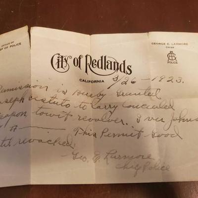 #1446 â€¢ 1924 City of Redlands Permit to Conceal Carry Revolver Handwritten Letter from the Chief of Police
