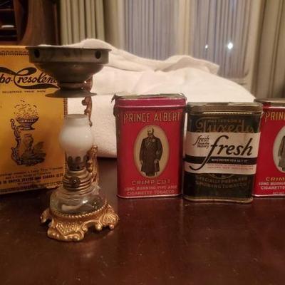 #1450 â€¢ Antique Vapo-Cresolene Lamp Vaporizer & (3) Antique Smoking Tobacco Packs
