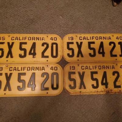 #1456 â€¢ 2 Consecutive Pairs Of Yellow & Black 1940 California License Plates
