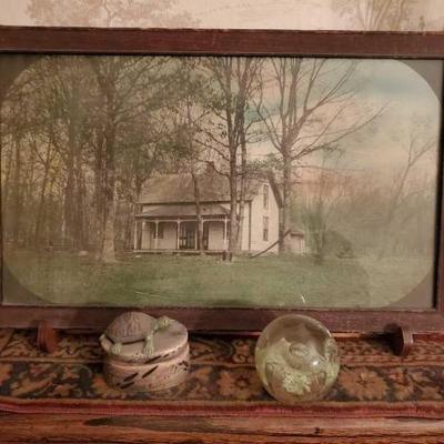 #1484 â€¢ House In A Forest Art Framed, Turtle Statue, & Glass Art
