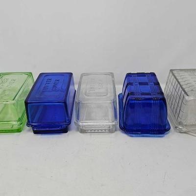 #1132 â€¢ 5 Butter Dishes, Green, Blue and Clear
