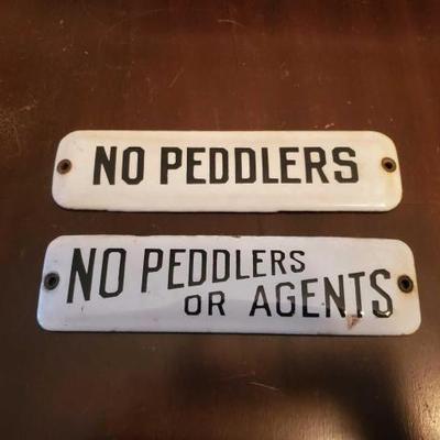#1430 â€¢ No Peddlers & No Peddlers Or Agents Porcelain Signs
