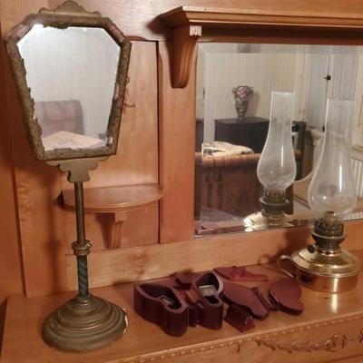 #1602 â€¢ Wooden Butterfly Contraption, Antique Oil Lamp, & Antique Mirror
