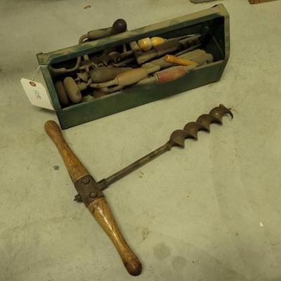 #5092 â€¢ Green Metal Tool Box & Antique Hand Drill

