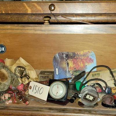 #1510 â€¢ Gunder Bear, Vintage Barometer, Vintage Jaeger Watch Co. Clock, Fish Lure, and Jacks
v