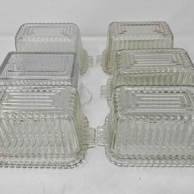 #1134 â€¢ 6 Clear Butter Dishes, 5 Matching, 1 A-B-C Butter
