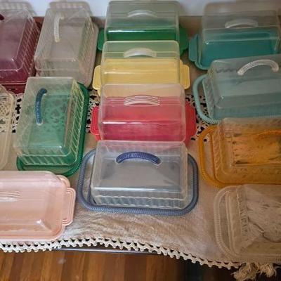 #1140 â€¢ 13 Plastic Butter Dishes, Clear Tops with Colored Bottoms
