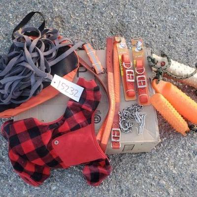 #15232 â€¢ (3) Dog Toys, (4) Dog Collars, Dog Clothing, & Harness
