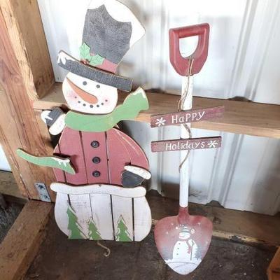 #10511 â€¢ Wooden Snowman Christmas Decoration and Wood Shovel "Happy Holidays" Christmas Decoration
