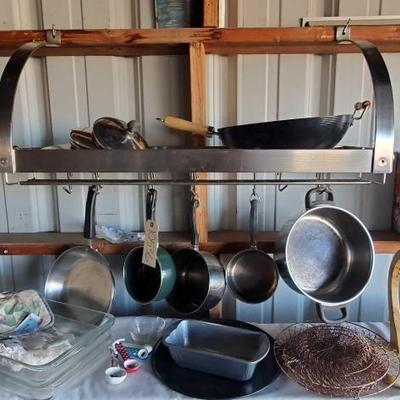 #10536 â€¢ Pot and Pan Rack, Pots and Pans, Strainers, Baking Pans
