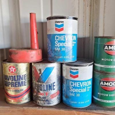 #10526 â€¢ (4) Quart Cans of Motor Oil, (2) Cans Of Motor Grease and Funnel
