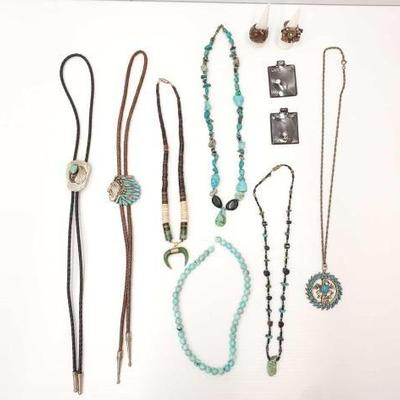 #12 â€¢ Bolo Ties, Turquoise & Jade Necklaces, Rings & (2) 1ct Cubic Zirconias
