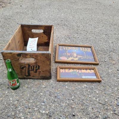 #12586 â€¢ Vintage 7UP Bottle and Crate, Framed Fruit Ads
