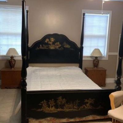 Q-size Chinoiserie style poster bed