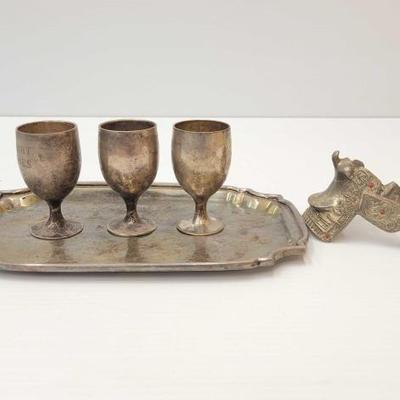#350 â€¢ Silver Tray, Cups and Paper Weight
