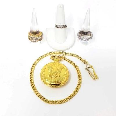 #399 â€¢ (3) Costume Jewelry Rings and Gold Toned Pocket Watch

