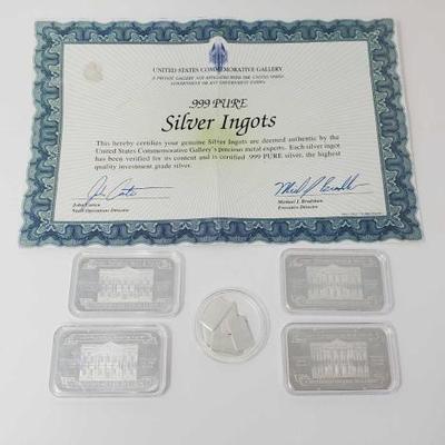 #499 â€¢ (4) .999 Fine Silver Bars and (5) Small .99 Fine Silver Ingots with Certificate
