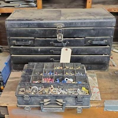 #1214 â€¢ 38 Compartment Assorted Supplies & Toolbox With Tools & Parts
