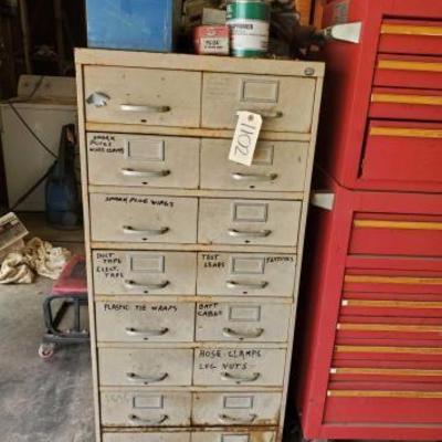 #1102 â€¢ 8 Drawer Metal Cabinet with Automotive Parts
