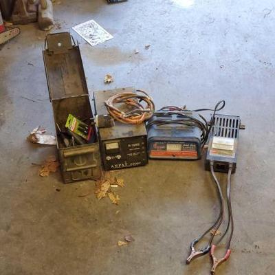 #1246 â€¢ (2) Vintage Battery Chargers, Battery Load Tester, & Ammo Can Of Tire Repair Tools
