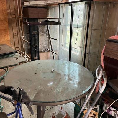 Assorted Shelving, Glass Cases, Glass Top Tables (need cleaning!! but otherwise good) $20/piece