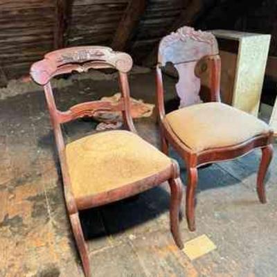 (2) Antique Elegantly Carved Wood Upholstered Chairs
