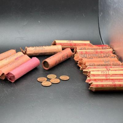(16) Unsearched Rolls Of Pennies Incl. (4) Canadian
