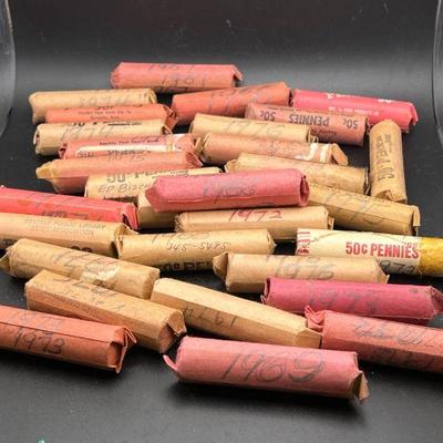 (30) Unsearched Penny Rolls Labeled 1970's & 1960's
