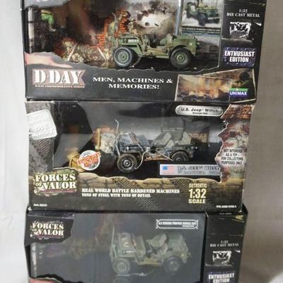 1090	FORCES OF VALOR WWII 1:32 DIECAST METAL TOYS LOT OF 3 JEEPS
