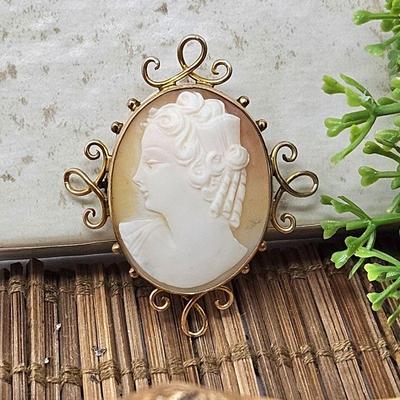 Lot #SB 341- Lovely Vintage Shell Cameo Brooch with Unique Loops of 10k Gold Framing it and "C" Clasp - 1 3/4" Tall  