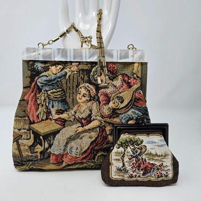 Set of Vintage Woven Tapestry Handbag and Coin Purse