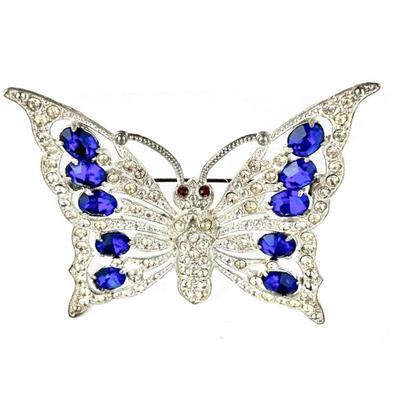 Lot #SB 325 - Vintage 1940s Staret Large Butterfly Brooch with Cobalt Blue and Clear Crystal Rhinestones w/ Red Eyes