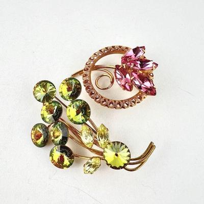 Lot #SB 326 - Set of Two Vintage Costume Rhinestone Floral Brooches in Gold Tones - Pinks and Greens 