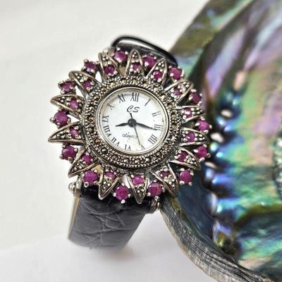  Pretty Ladies Watch CS Brand Japan - White face surrounded by Purple Rhinestones - Black Leather Band