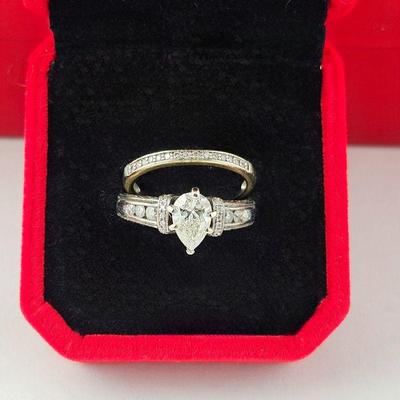 Lot #SB 311 - Engagement Ring 14k White Gold w/ 1.10 Carat Pear Shaped Diamond Center Stone and 26 Smaller Diamonds.  Plus 10k Diamond...