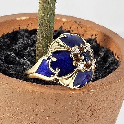Lot #SB 317 - Stunning Deep Blue Enameled Ring with Center Sapphire & Four Diamonds in 14k Yellow Gold Ring Size 6.5 