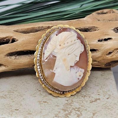 Vintage Shell Cameo Brooch / Pendant Framed in Two Tone 10k White & Yellow Gold w/ Rollover Clasp - 1 1/2