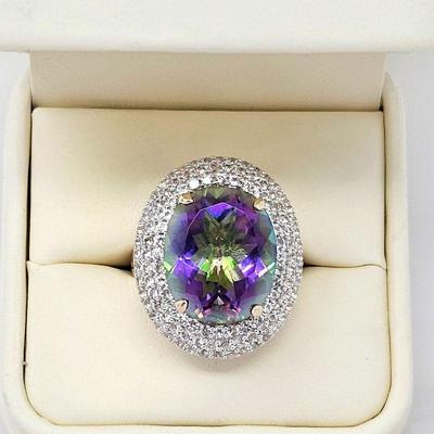 Lot #SB 2 - Mystic Topaz Ring 14 cts Surrounded with White Round Topaz in Gold Plated Sterling .925 Ring Size 8.25 