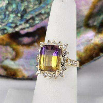 Lot #SB 313 - Ametrine and Diamond Ring in 14k (Size 7) - Rectangle Cut Ametrine Surrounded by Round Natural Diamonds