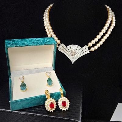Lot #SB 355 - Lot of Very Dressy Costume Gem Jewelry - Pearls, Diamonds, Rubies and more! Great Gift Idea