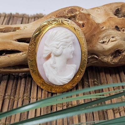 Lot #SB 343- Lovely Vintage Shell Cameo Brooch Framed in 10k Yellow Gold - Trombone Clasp - 1 1/2