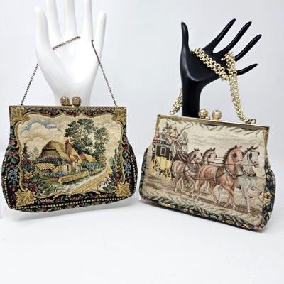 Set of Two Vintage Woven Tapestry Women's Evening Hand Bag w/ Gold Tone Strap - Made in France & W. Germany