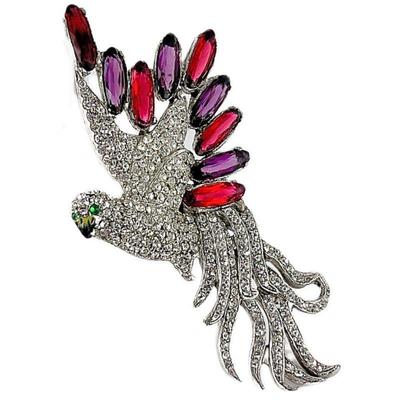 Lot #SB 329 - Lovely Vintage Silver Tone Parrot Brooch in White, Red & Purple Rhinestones with Green Eyes - 3