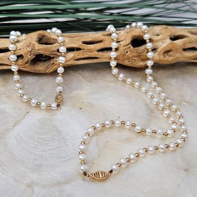 Lot #SB 347- Set of Chinese Cultured Pearl Necklace and Bracelet with 14k Filigree Clasp and 14k Gold Beads