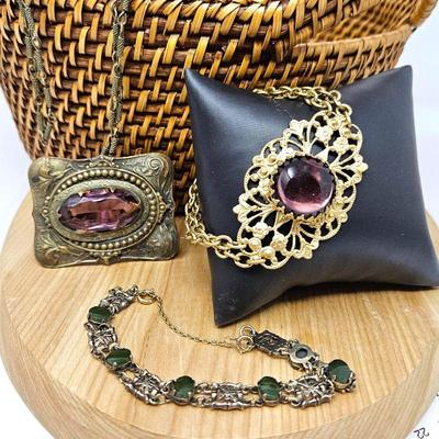 Lot #SB 352- Lot of Three pieces of Antique Jewelry - Brass Necklace and Bracelets with Green and Purple Stones