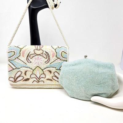 Vintage Nieman Marcus All-Over Beaded Clutch in Light Blue, Plus Shoulder Bag with Same Beading in Multi-Color