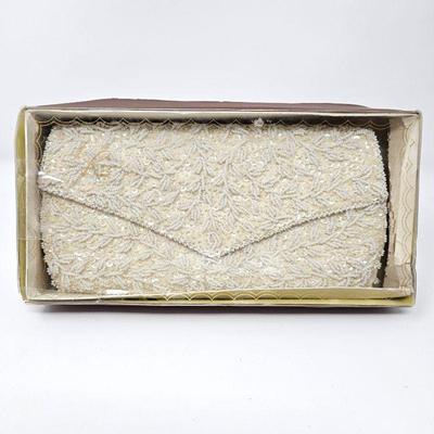 Vintage La Regale Evening Clutch Purse in Original Box - Ivory w/ White Beading and Sequins - Made in Hong Kong